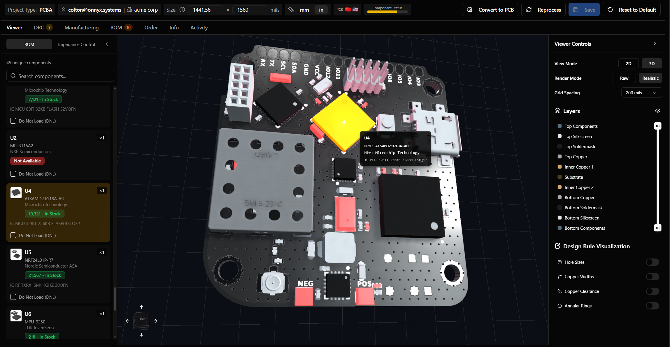 3D PCBA viewer with component highlighting and BOM panel