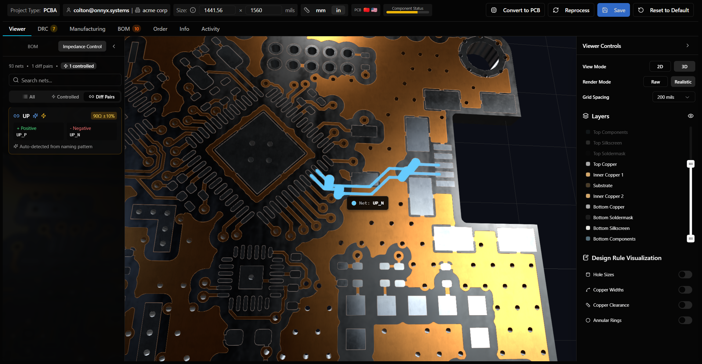 3D viewer showing impedance control designation on differential pairs