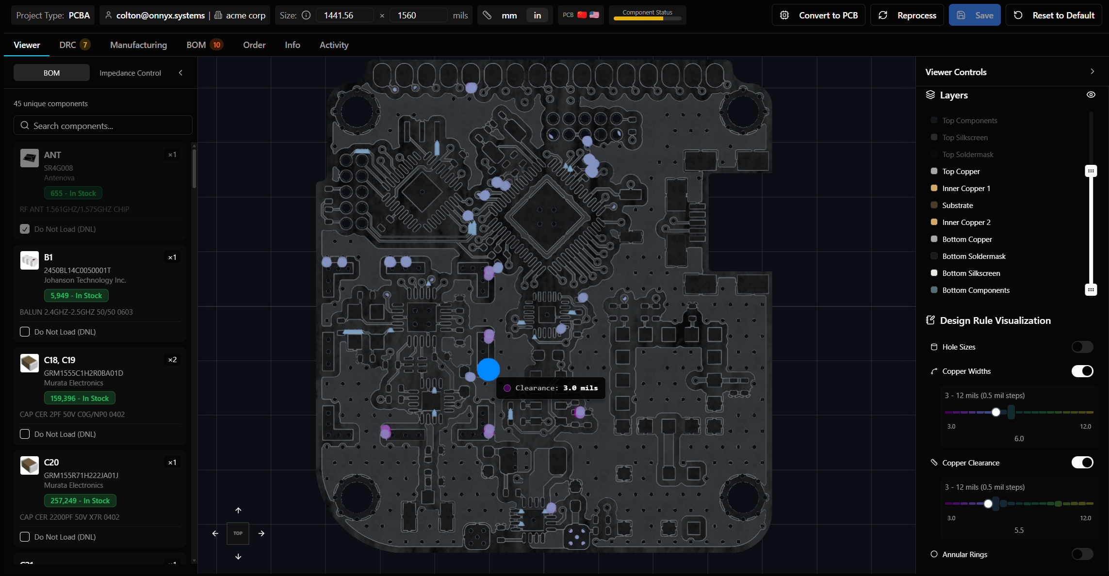 Interactive DRC viewer showing clearance and feature width analysis