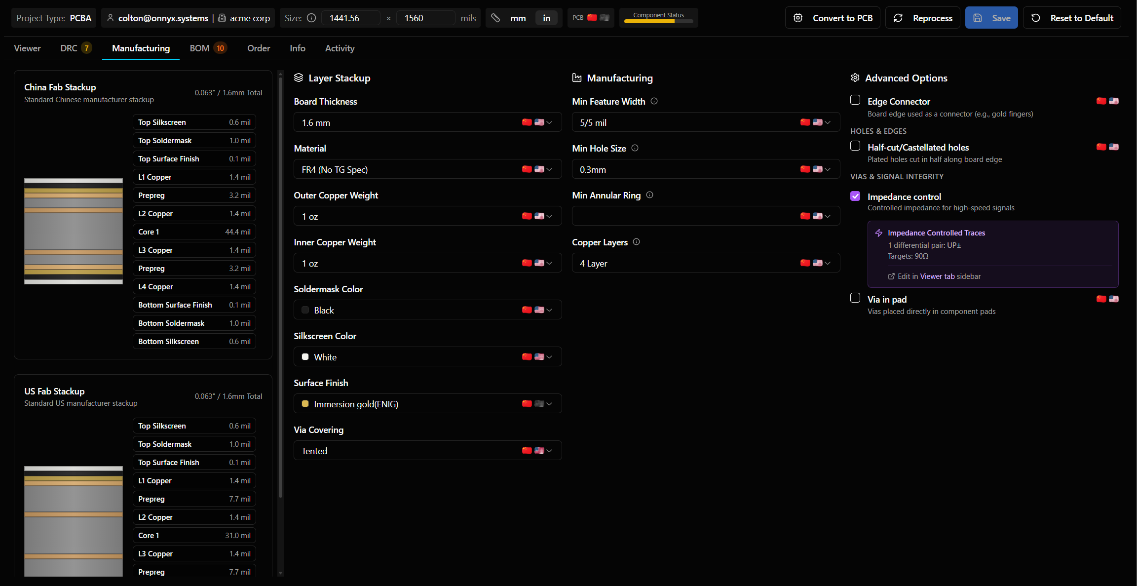 Manufacturing settings panel with AI auto-fill capability